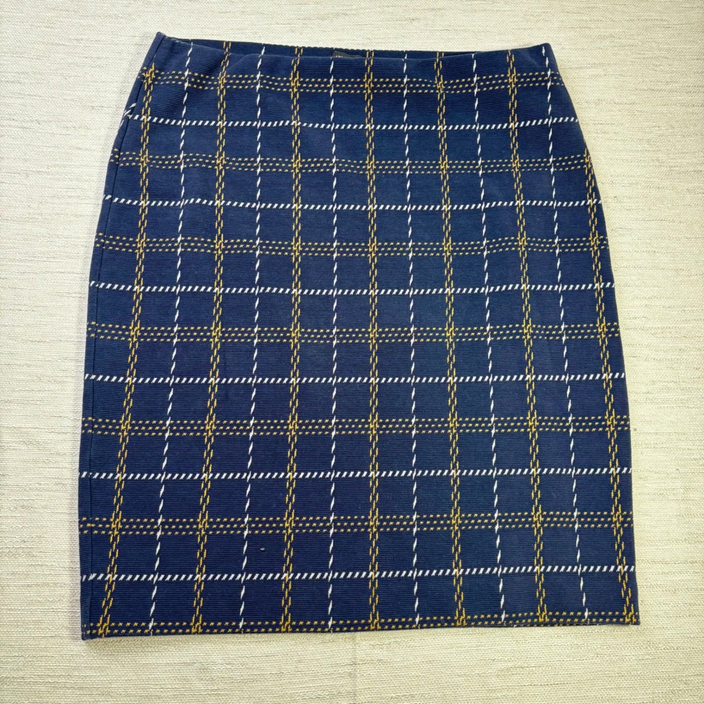 Ann Taylor Factory Navy Blue Plaid Pencil Skirt Textured Knit Large